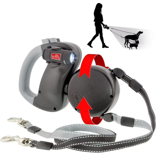 Tangle-Free Retractable Double Dog Leash with Light